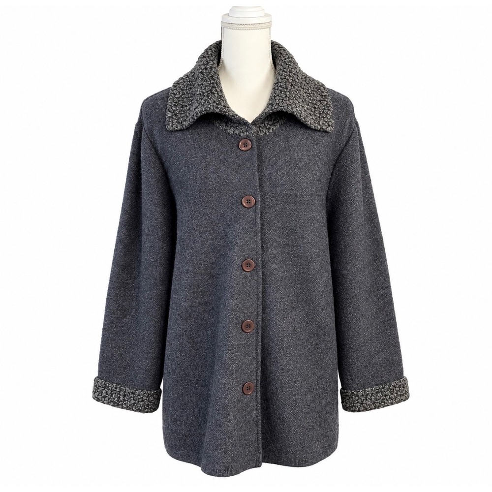 Karen Scott Womens 100% Wool Cardigan Jacket Size L Button Boucle Trim Gray Cozy